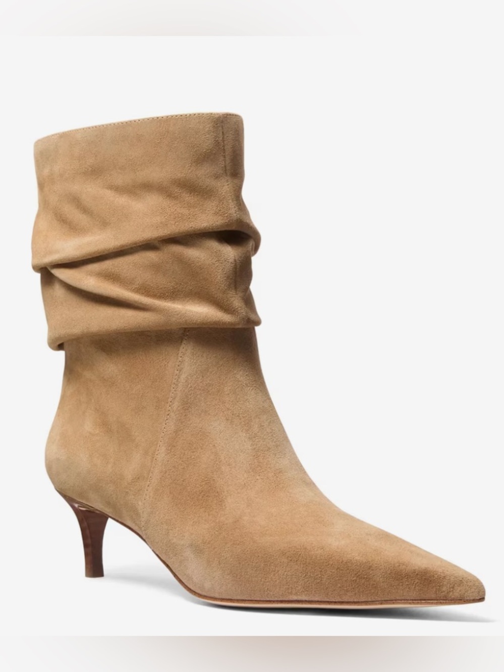 Michael Kors Tan Suede Slouchy Pointed-Toe Kitten Heel Bootie